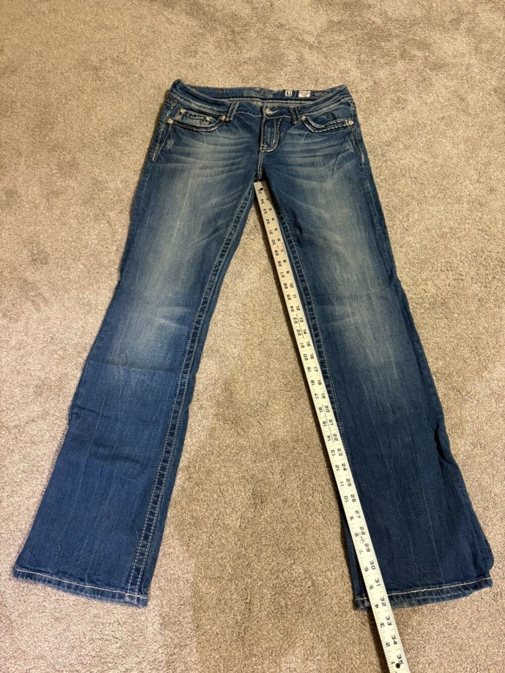 Miss Me Flap Pocket Bootcut Jeans Thick Stitch Distress Medium Wash Size 31